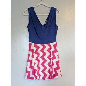 A'GACI Dress Size Medium Blue Pink Chevron Babydoll Skater‎ Party Retro Summer
